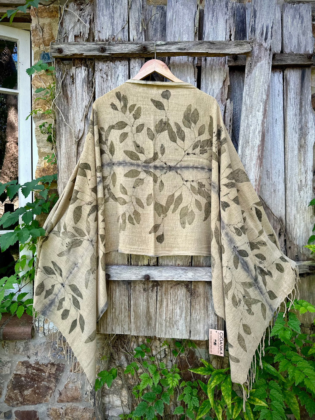 Zelen | Eco-Printed Silk Noil Shawl | 2050 x 660mm